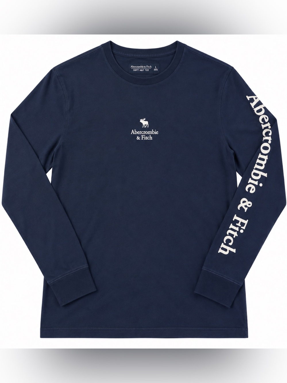 Abercrombie & Fitch Navy Long-Sleeve Crewneck with White Logo Sleeve Print